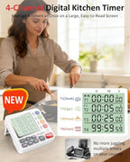 Digital Kitchen Timer for Cooking - 4 Channel Count Up Countdown Timer with Loud Alarm and Silent Mode, Large Display, Magnetic Back, Auto Memory for Classroom Study Gym, Battery Included (White)