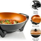 OVENTE Electric Wok with Nonstick Coating, 13 Inch Family-Sized Skillet, 1400W Power, Adjustable Temperature, Tempered Glass Lid, Cool Touch Handles and Easy to Clean Frying Surface, Copper SK3113CO