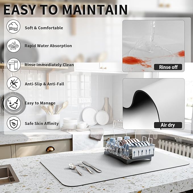 HotLive Dish Drying Mat for Kitchen Counter, Heat Resistant Drainer Mats with Non-slip Rubber Backed, Hide Stain Kitchen Super Absorbent Draining Mat, Easy to Clean Dish Rack Pad, Light Grey 18"x24"