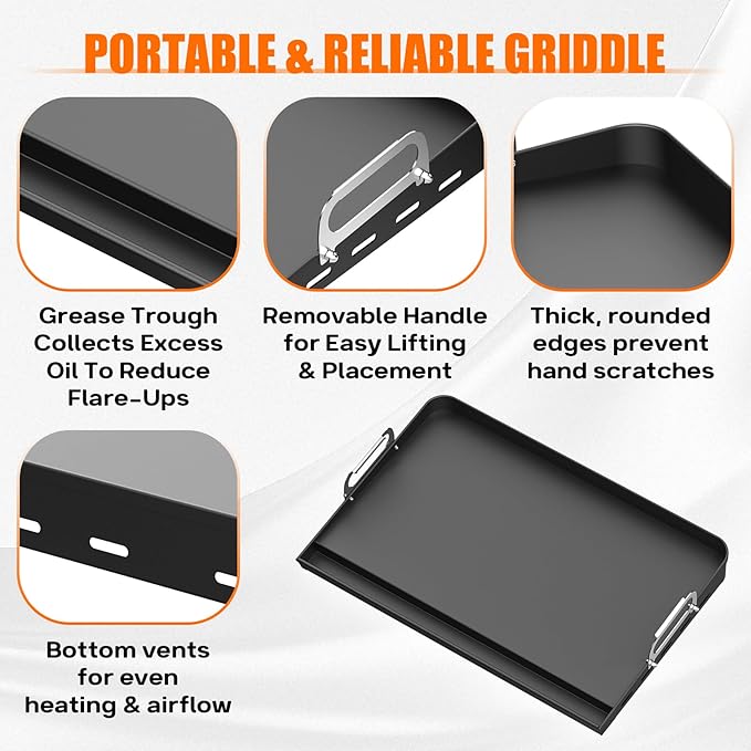 23" x 16" Cast Iron Nonstick Grill Griddle for Gas & Charcoal Grills, Flat Top BBQ Griddle Plate with Grease Groove & Removable Handle, Universal Fit for Outdoor & Home Cooking, Tailgating