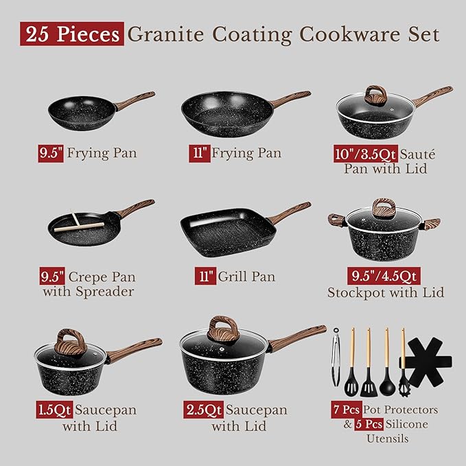 EWFEN 25 Pcs Pots and Pans Set, Nonstick Ceramic Cookware Sets, Healthy Non-Toxic, Large Capacity, Induction Compatible, Cooking Set with Frying Pans & Saucepans, PFAS/PTFE/PFOA Free, Classic Black