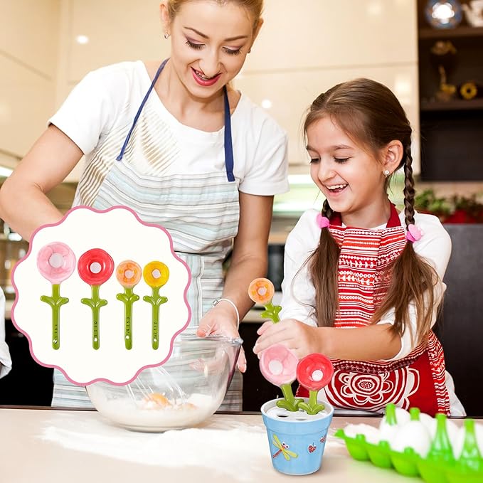 Flower Measuring Spoons Set in Pot - Ceramic Baking Measuring Spoons with Holder for Dry & Wet Ingredients - Cute Flower Figurine - 1 Tbsp, 1 Tsp, 1/2 Tsp, 1/4 Tsp - Unique Gift, Dishwasher Safe(Blue）