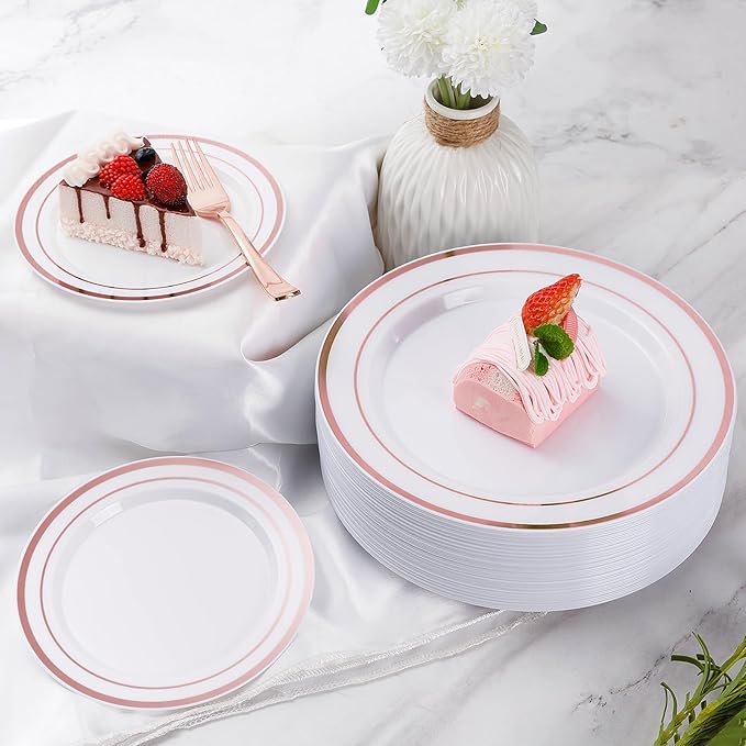Goodluck 300 Pieces Rose Gold Disposable Plates for 50 Guests, Plastic Plates for Party, Wedding, Dinnerware Set of 50 Dinner Plate, 50 Salad Plates, 50 Spoons, 50 Forks, 50 Knives, 50 Cups