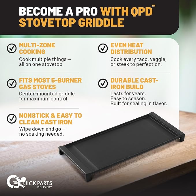 QPD Cast Iron Griddle for Gas Grill - Aftermarket Cast Iron Griddle Replacement for GE Gas Stoves (WB31X24738) - Non-Stick, Easy to Clean & Cook, Compatible with GE JGB6, JGB7, JGB8, JGBS, & JGS
