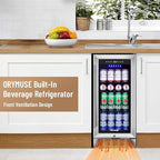 ORYMUSE 15 Inch Beverage Refrigerator, 130 Can Capacity Under Counter Fridge with Lock & Glass Door, Quiet Built-in or Freestanding Beer Cooler, Powerful Compressor for Fast Cooling