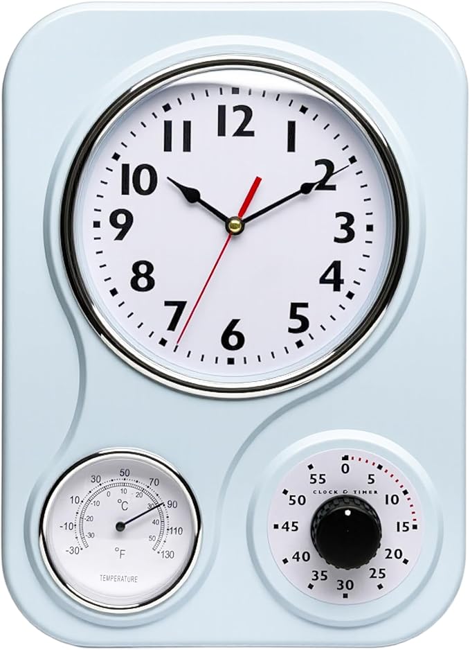 Lily's Home - 9.5 Inch x 12.5 Inch - Retro Kitchen Wall Clock, Vintage Wall Clock with a Thermometer and 60-Minute Timer, Ideal for Any Kitchen, Office, or Diner (Light Blue)