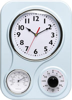 Lily's Home - 9.5 Inch x 12.5 Inch - Retro Kitchen Wall Clock, Vintage Wall Clock with a Thermometer and 60-Minute Timer, Ideal for Any Kitchen, Office, or Diner (Light Blue)