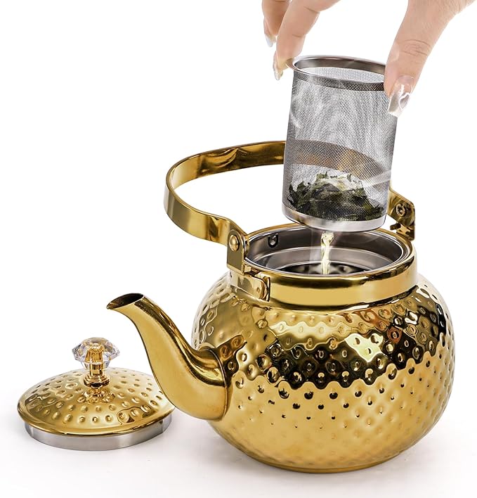 Coloch Teapot with Removable Infuser, 40 Oz(1200ml) Stainless Steel Tea Kettle Antique Style Coffee Pot Stovetop Teapot for Loose Leaf Tea, Tea Bag, Golden