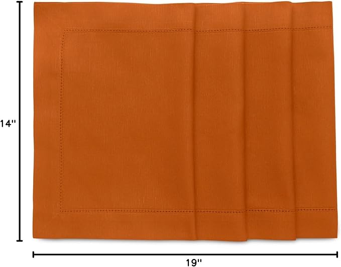 Solino Home Cotton Linen Placemats Set of 4 - Hemstitch Cinnamon Placemats 14 x 19 Inch - Machine Washable Table Mats