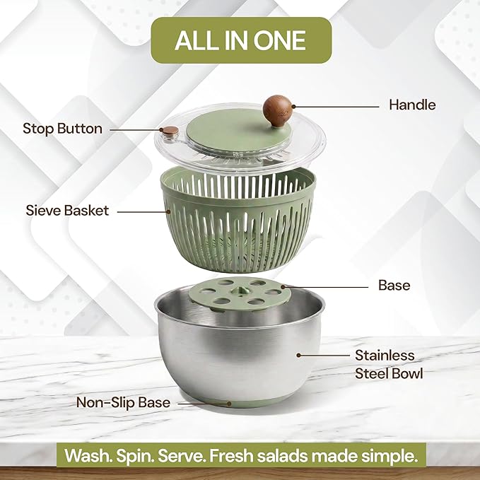 5.3QT Stainless Steel Salad Spinner - Large Salad Spinner with Non-Slip Base, Drain Hole and Stop Button- Dish Washer Safe Vegetable Spinner