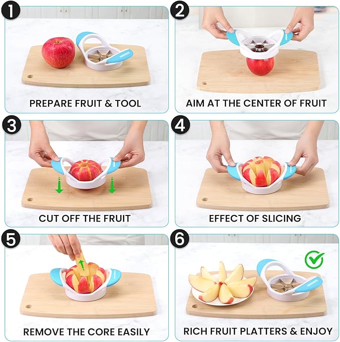 SCHVUBENR 3.5 Inch Apple Slicer - Professional Apple Cutter - Stainless Steel Apple Corer - Super Sharp Apple Slicer and Corer - Apple Tool with 8 Sharp Blades(Blue)