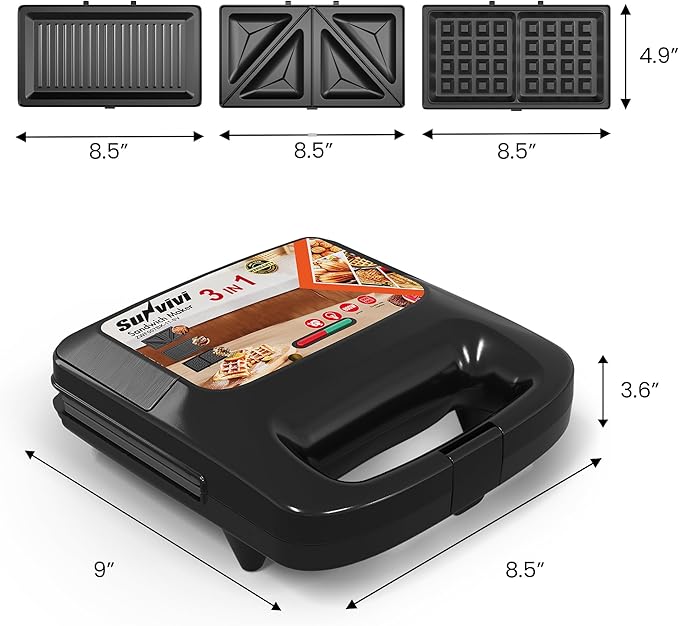 Sunvivi 3 in 1 Electric Sandwich Maker: Panini Press Grill and Waffle Iron Set, Grill and Sandwich Press with Removable Nonstick Plates, Indicator Lights & Cool Touch Handle, 800W, Black