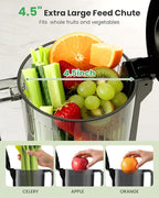 Kismile Cold Press Juicer Machine with 5 Modes, ABS Housing & HD Display, 4.5" Wide Feed Chute Slow Juicer for Fruits & Vegetables, Quiet Masticating Juicer Press, Easy to Clean, High Juice Yield