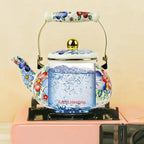 Blue Floral Enamel Tea Kettle Vintage Gold Beige Teapot Blue Floral Boho Hot Water Coffee Kettle Pot 2.5L Porcelain Tea Pot with Ceramic Handle for Stovetop Kitchen Home Decor