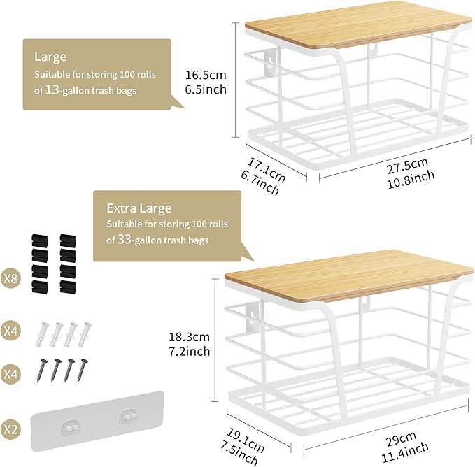 Extra Large 2 Pack Potato and Onion Storage Bins, Potato and Onion Storage Baskets with Bamboo Top, Trash Bag Dispenser, Storage Stackable for Kitchen Laundry Organizers, White