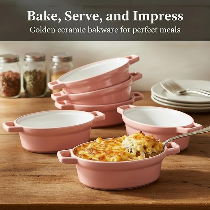 Oval Au Gratin Baking Dishes 6" x 5" for Oven Safe Cooking and Baking, Set of 4, 15 OZ Heat Resistant Ceramic Individual Gratin with Handles for Serving, Small Mini Casserole Dish, Pink
