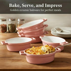 Oval Au Gratin Baking Dishes 6" x 5" for Oven Safe Cooking and Baking, Set of 4, 15 OZ Heat Resistant Ceramic Individual Gratin with Handles for Serving, Small Mini Casserole Dish, Pink