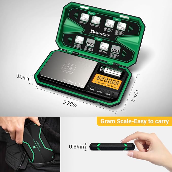 UNIWEIGH Digital Pocket Scale Precision 200g/0.01g, Digital Scale Grams Ounces, Mini Jewelry Scale, Coins Scale with 50g Cal Weights for Gold/Silver/Gems/Food,(Battery Included)-Green
