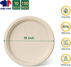 JOLLY CHEF 100% Compostable Paper Plates, 150 Pack 10 Inch Heavy Duty Plates, Disposable Biodegradable Eco-Friendly Sugarcane, Bulk Nature