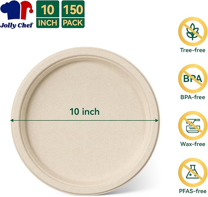 JOLLY CHEF 100% Compostable Paper Plates, 150 Pack 10 Inch Heavy Duty Plates, Disposable Biodegradable Eco-Friendly Sugarcane, Bulk Nature
