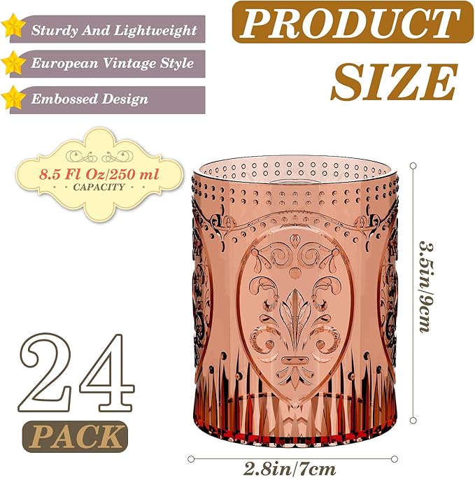 Qinyoung 24 Plastic Vintage Drinking Glasses 8.5oz Stemless Retro Embossed Wine Glasses Shatterproof Reusable Cups for Baby Shower Wedding Reception Grand Event Party (Vintage Multicolor)