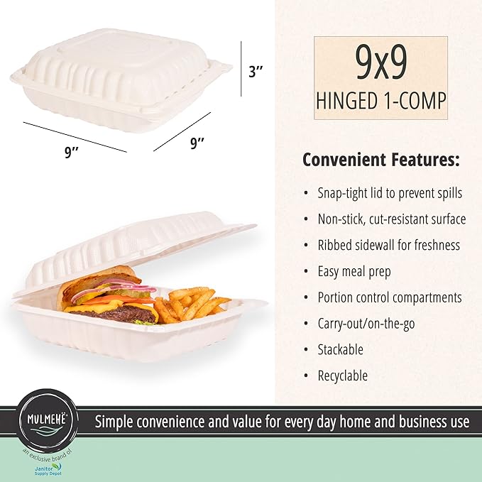 MULMEHË Mineral Filled Polypropylene Plastic Hinged Take Out Food Containers, 9x9x3, Vented Single Compartment, Natural White, 200 per Case