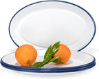 Red Co. Enamelware Metal Classic 13" Serving Oval Tray Platter, Solid White/Navy Blue Rim