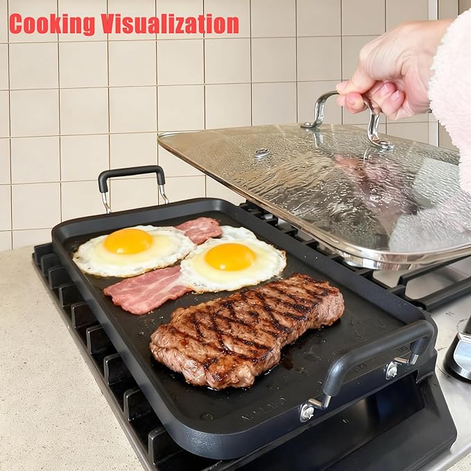 Vayepro 2-Burner Griddle Pan with Glass Lid - Nonstick Stovetop Griddle for Gas & Glass Cooktops - Aluminum Camping Grill Pan for Breakfast (Pancakes/Eggs/Bacon) (22"L x 12"W x 1.77"Th)