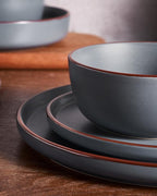 Famiware Mercury Dinnerware Sets with Mugs, Service for 6 (24 Pieces), Stoneware Plates and Bowls Sets, Microwave and Dishwasher Safe Dishes Set, Charcoal
