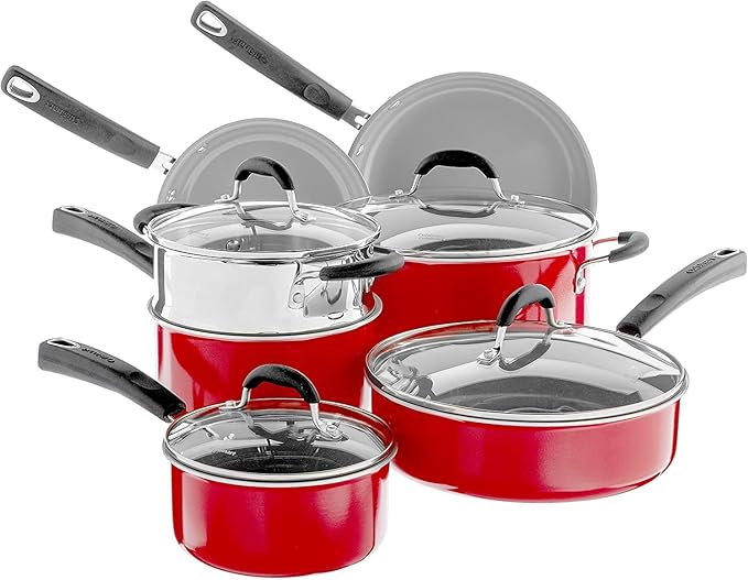 Cuisinart 54C-11R 11-Piece Ceramica XT Nonstick Cookware Set, Red/Stainless Steel
