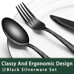EWFEN 24-Piece Black Silverware Set with Steak Knives, Black Flatware Set for 4, Food-Grade Stainless Steel Tableware Cutlery Set, Mirror Finished Utensil Sets for Home Restaurant, Wave Hammered