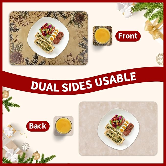 Le courant 16.9in 6PACK Winter Decoration Pinecone Placemats with 6 Coasters, Reversible Faux Leather Easy Clean Waterproof Stain Resistant Place Mats, for Home Party Dining Holiday Table Decor