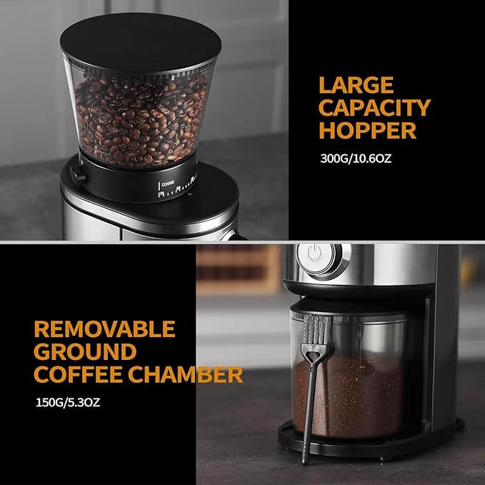 Ollygrin Burr Coffee Grinder, Electric Conical Coffee Bean Grinder With 30 Adjustable Grind Settings For 2-12 Cups, Sliver & Black