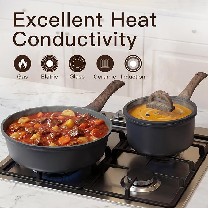 Pots and Pans Set Nonstick 22 Pcs, Ceramic cookware set Non-Toxic CoatingGray Granite Kitchen Cookware Set, Induction Kitchen Cooking Set w/Frying Pans, Saucepans & Glass Lids, PFOS & PFOA Free