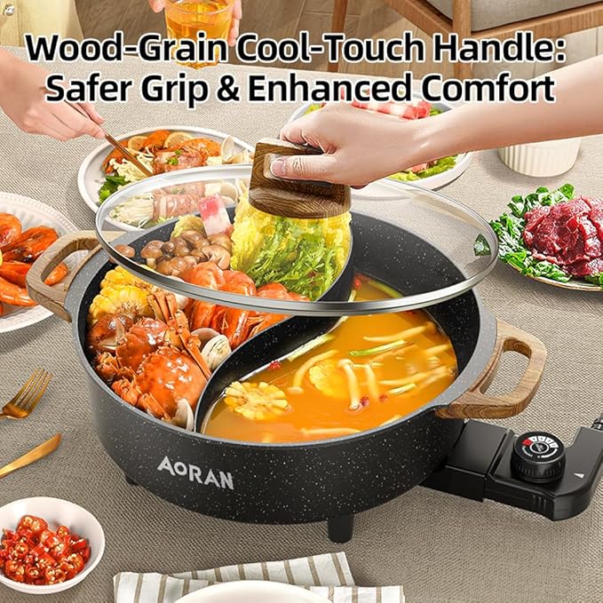 AORAN Electric Hot Pot with Divider, 1350W 8L Nonstick Smokeless Cooker for Shabu Shabu & Fondue, Multi-Function Cookware with Soup Ladle, Strainer, Includes Tongs - Easy to Clean, Black