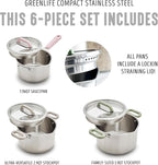 GreenLife 6 Piece Stainless Steel Cookware Set, Induction Kitchen Cooking Pots & Pans, Locking Lids, Built in Strainer, Drip-Free Pour Spouts, Silicone Handles, Saucepan, Stock Pot, Dishwasher Safe