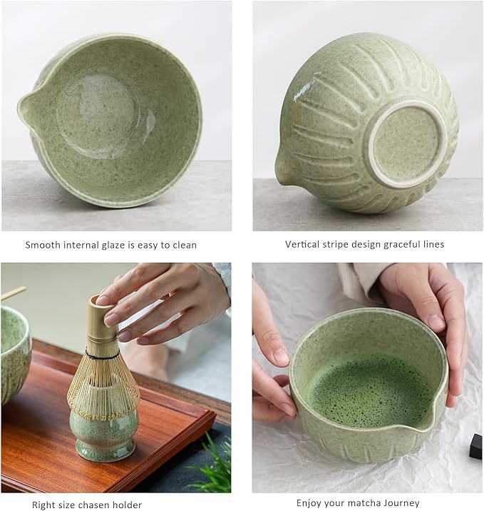 TANG PIN Matcha Set - Match Bowl and Whisk, 15 OZ, Matcha Scoop | Matcha Whisk Stand (Chasen Holder) - 5pc Perfect Matcha Kit for Matcha Tea Ceremony (Mottled Green)