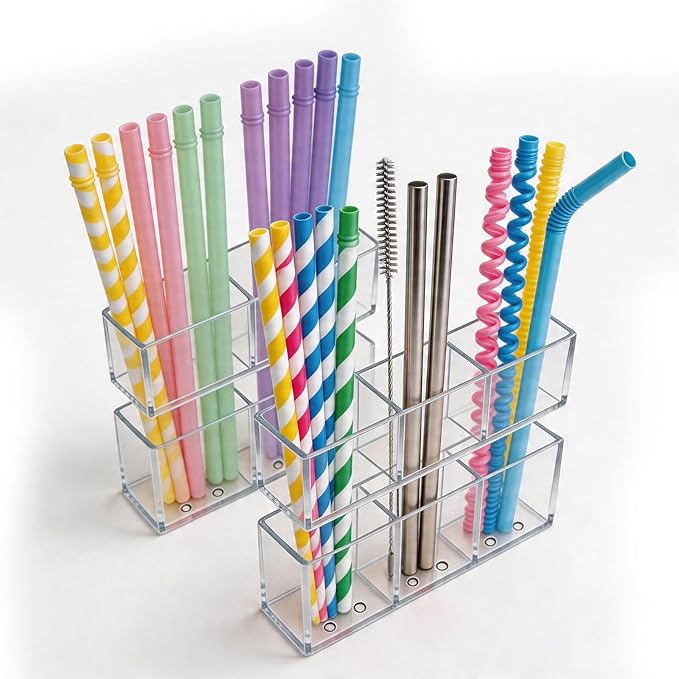 2 PACK Small Acrylic Straw Holder for Cabinet Doors, Reusable Adjustable Two-Part Straw Organizer with Ultra Sticky Adhesive Strips, 2026 Space-Saving Straw Storage for Kitchen Cupboard