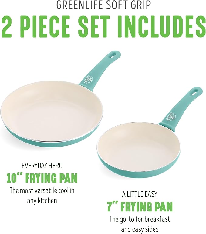 GreenLife Non Stick Fry Pan Set 7" & 10", Non-Toxic PFAS-Free Ceramic Skillet, Dishwasher & Oven Safe, Egg Omelet Frying Pan, Stay- Cool Handles, Kitchen Home Cooking Essentials, Turquoise (Pack of 2)