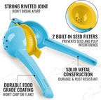 Zulay Metal 2-In-1 Lemon Squeezer Manual - Sturdy, Max Extraction Hand Juicer Lemon Squeezer Gets Every Last Drop - Easy to Clean Manual Citrus Juicer - Easy-to-Use Lemon Juicer Squeezer - Blue/Yellow