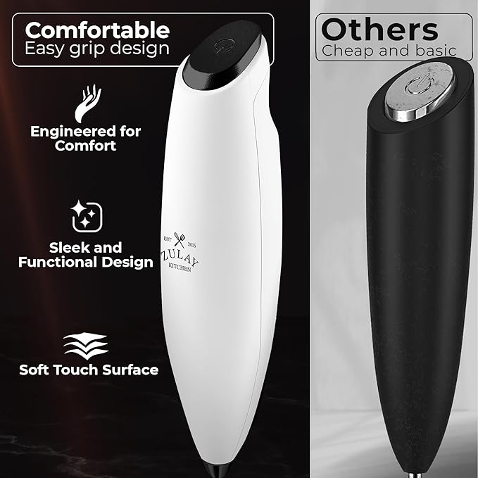 Zulay Kitchen Patented Tornado Triple Whisk Milk Frother with 4 Duracell Batteries – Handheld Foam Maker for Coffee, Lattes, Matcha & Hot Chocolate – Rich, Creamy Froth in Seconds - White & Black