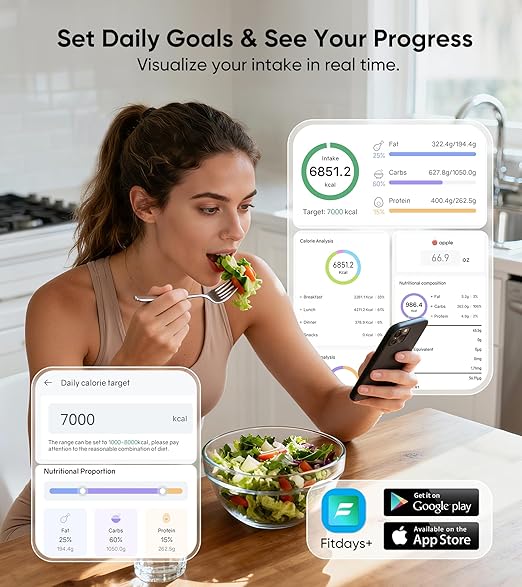 KUAIVO Smart Nutrition Food Scale with TFT Display, Tracks Calories, Fat, Carbs & Protein, Works with App for Daily Reports, 50 Built-in Foods, 23 Nutrients, Digital Kitchen Scale for Meal Prep