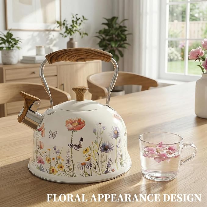 Tea Kettle for Stove Top, 2.7 Quart Whistling Kettle with Floral Pattern for Boiling Water Coffee or Milk, Stainless Steel Tea Pots with Wood Pattern Folding Handle, Work for All Stovetops