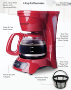 EUROSTAR ECM621R 4-Cup Coffeemaker, Red