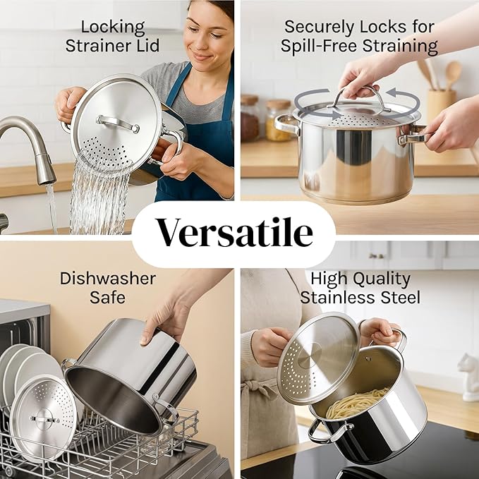 Stainless Steel Pasta Pot with Strainer Lid — 5.5 Qt Large Capacity Spaghetti Pot with Twist Lock Lid — Deep Cooking and Stock Pots for Boiling, Dishwasher Safe By Cooler Concepts