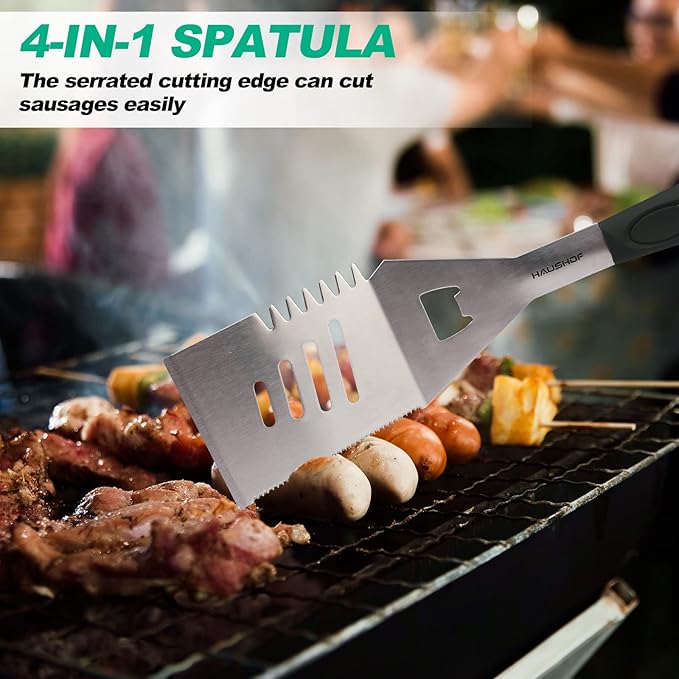 HAUSHOF Large Grill Accessories Heavy Duty BBQ Set Gifts for Men/Women - Premium Stainless Steel Spatula, Fork & Tongs, Barbecue Utensils Tool Kit Gift for Grilling Lover Outdoor