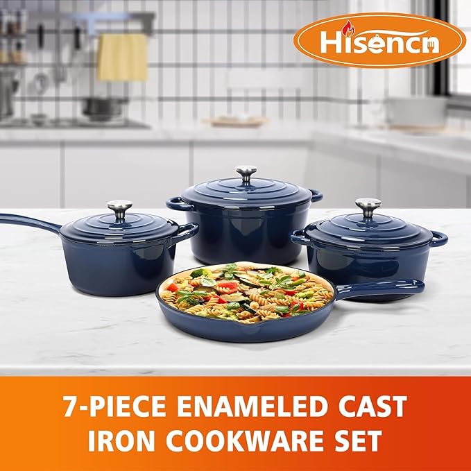 Hisencn Enameled Cast Iron Cookware Set - 7 Piece Dutch Ovens Set, Sauce Pan, Skillet, 3 Lids, Pots and Pans Set, Ceramic Coated Cast Iron, Heavy Duty, Gas/Induction Compatible, PFA Free