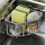 Wall Mounted Sink Caddy Organizer, Carbon Steel Kitchen Sponge Holder with 2 Adhesive Hooks, Triangular Drain Rack, 5.27x5.27x3.54 Inch (Grey)