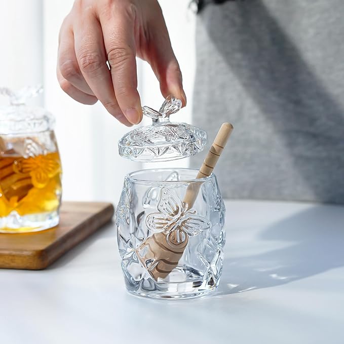 kanpura Clear Crystal Honey Jar with Dipper and Lid, Honey Bee Pot, 4.5oz Glass Honey Pot for Christmas Home Kitchen Decor
