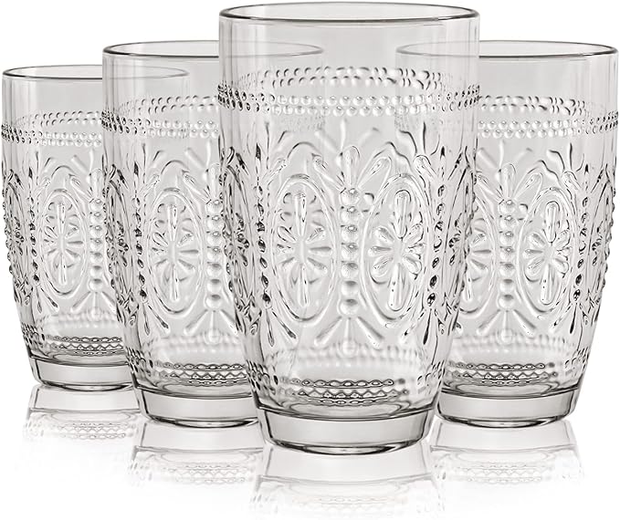 CREATIVELAND Colored Vintage Drinking Glasses Set of 4, 15.5 oz Romantic Embossed Water Glasses, Colored Tumblers Tempered Glass for Juice, Beverages, Beer, Cocktail (Gray)